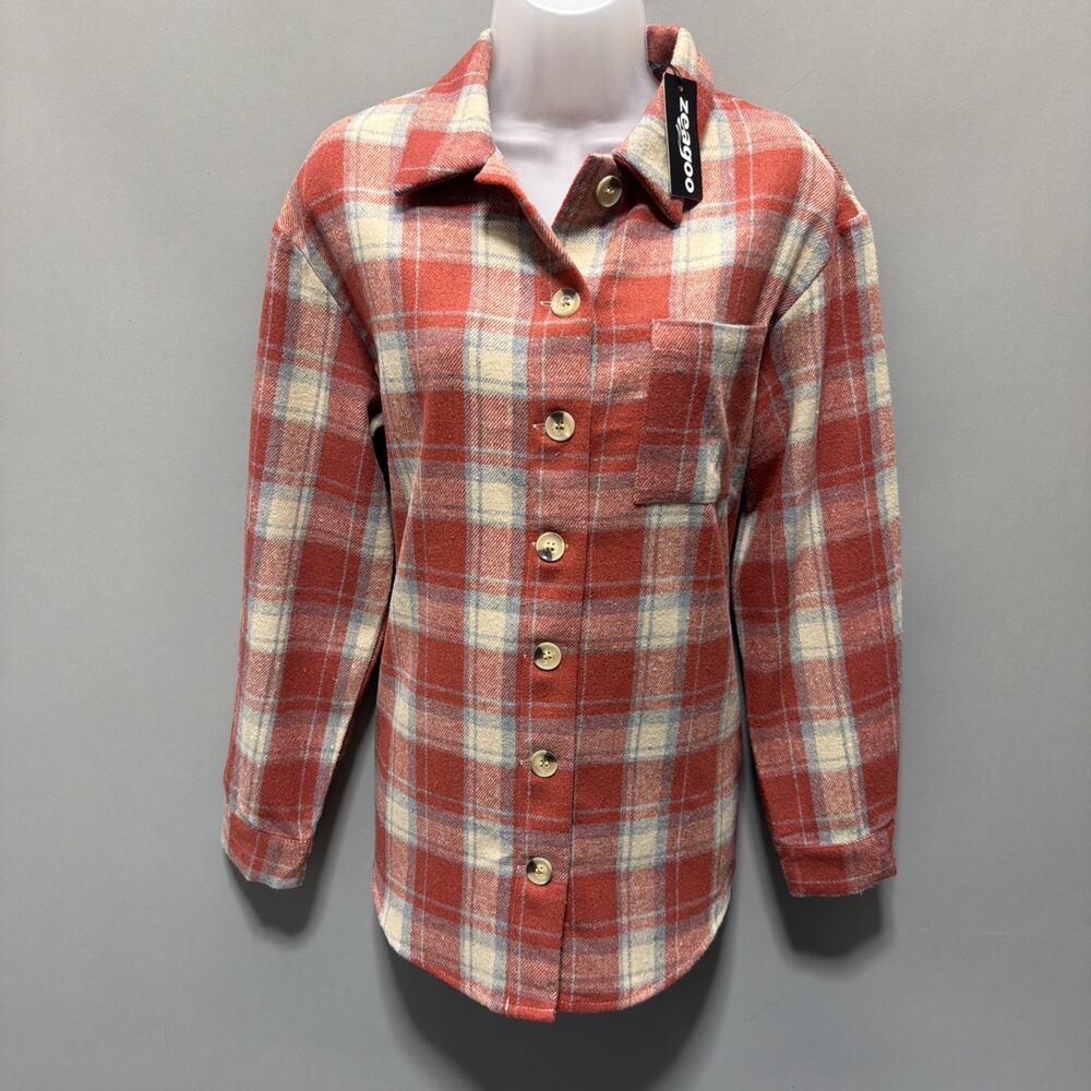 Zeagoo Oversized Plaid Flannel Shacket Button Down Long Sleeve Coat Small NWT